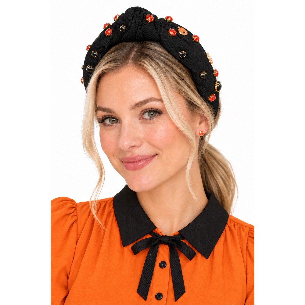 Piper K Halloween Headband Black Top Knot Rhinestone Pumpkin Candy BOO 110-71